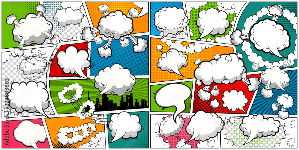 漫画页面模板由带有语音气泡的线条分割。矢量插图
