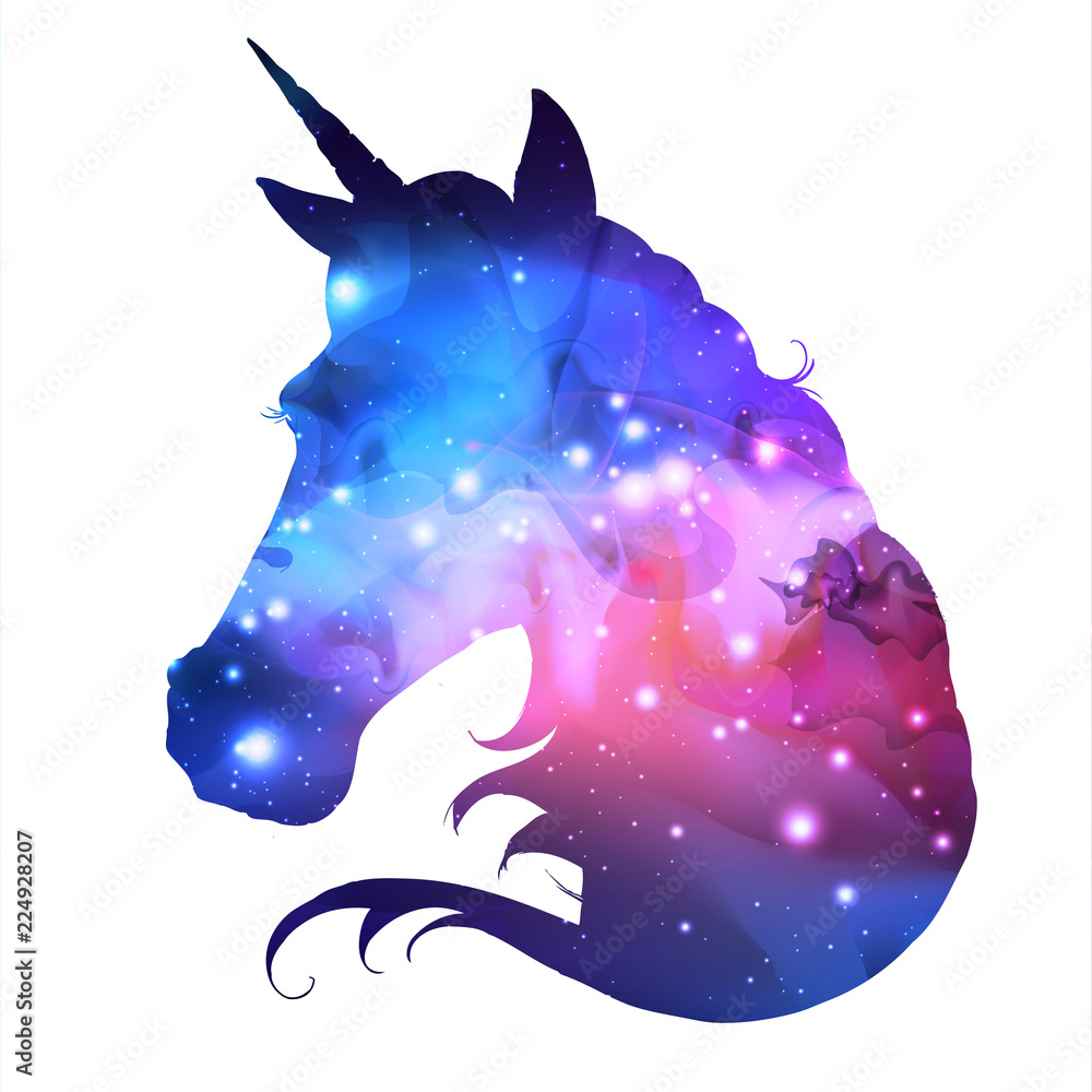 Artistic silhouette of fantasy animal unicorn on open space background. Hipster animal illustration.