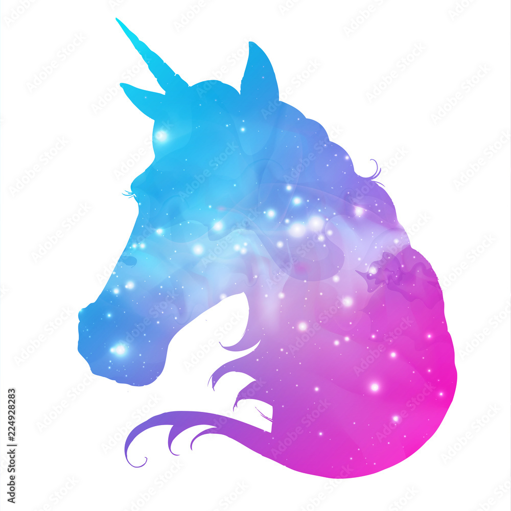 Artistic silhouette of fantasy animal unicorn on open space background. Hipster animal illustration.