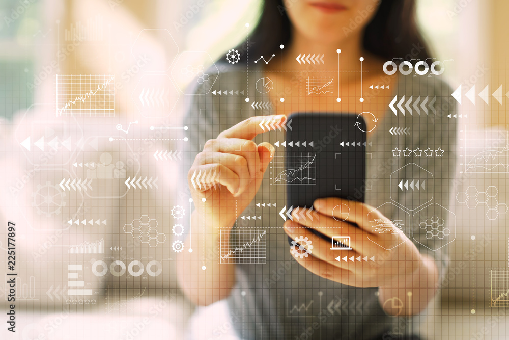 Technology arrow screen with woman using her smartphone in a living room