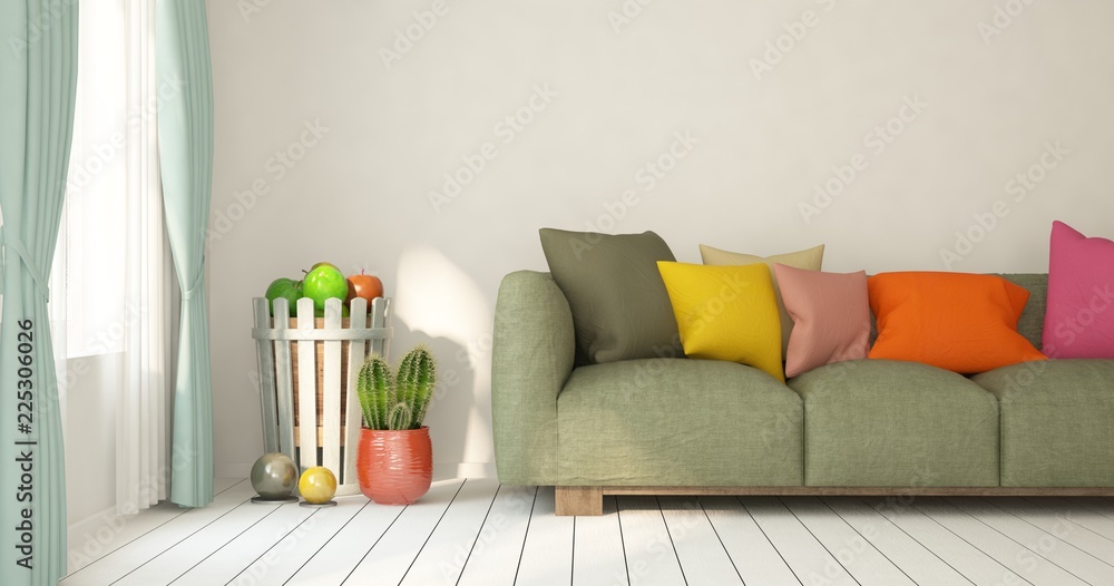 Mock up of white minimalist room with sofa. Scandinavian interior design. 3D illustration