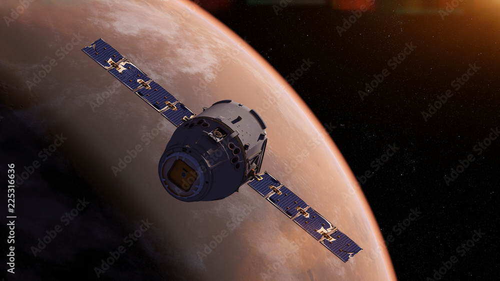 3d rendered illustration of a satelite infront of mars