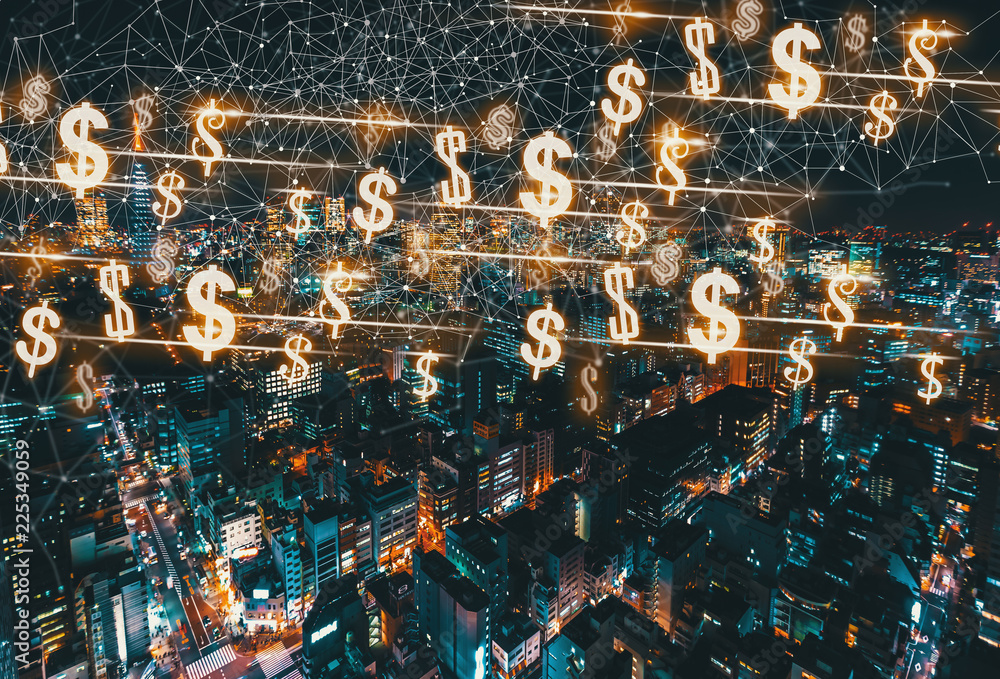 Dollars with aerial view of Tokyo, Japan at night