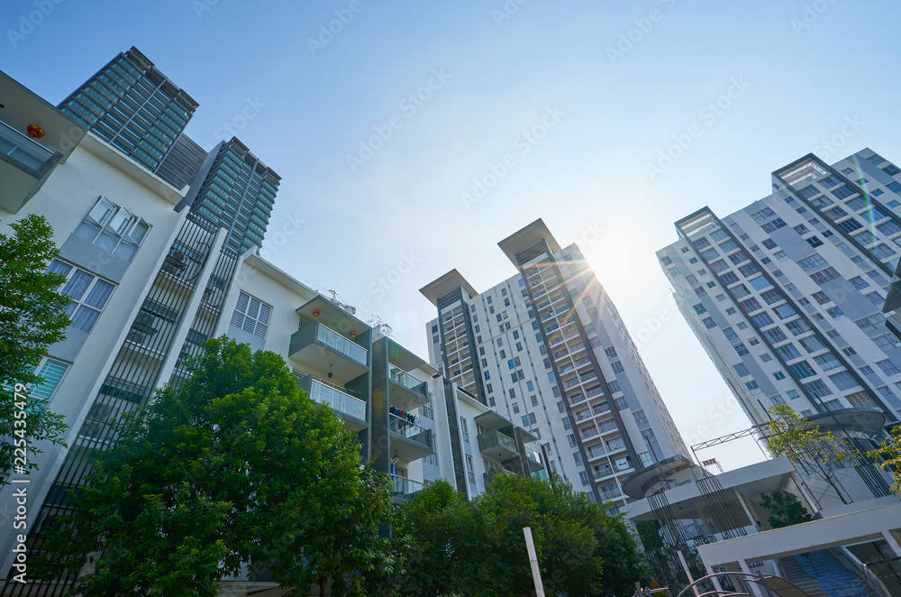 Urban Geometry, looking up to new apartments building. Modern architecture design .