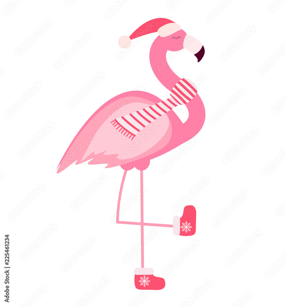 Cute Pink Flamingo New Year and Christmas Background Vector Illustration