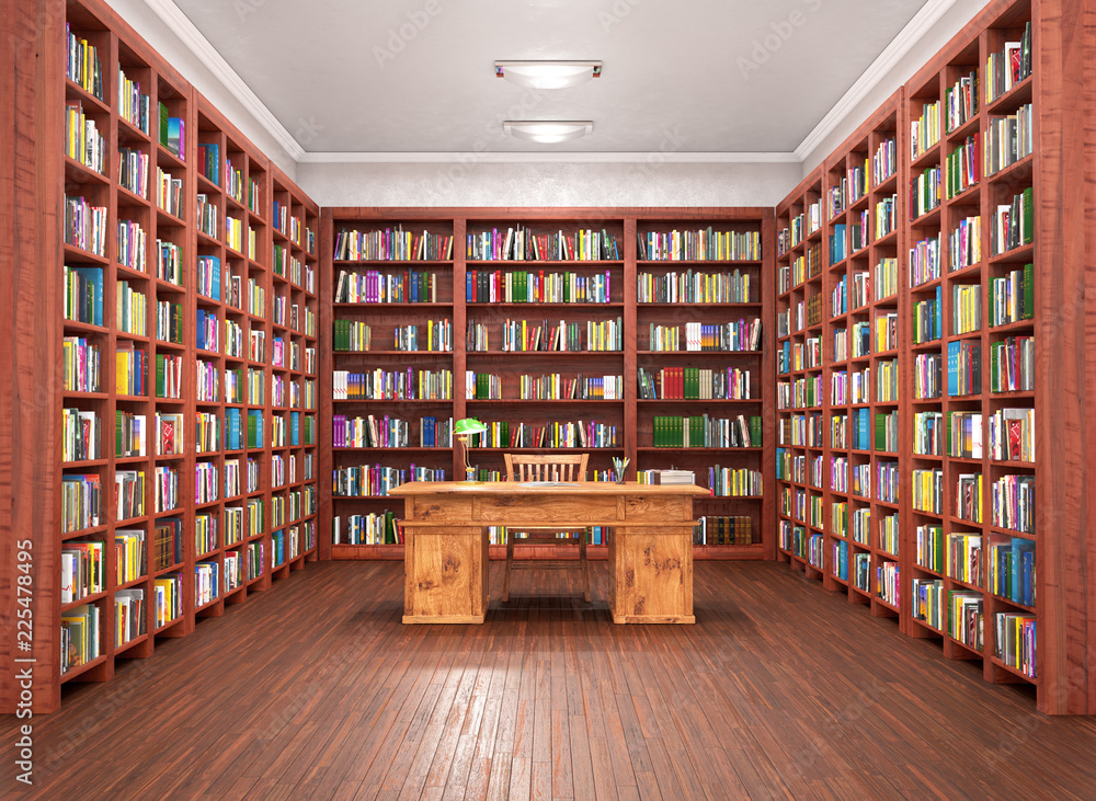 Reading hall interior with desk. 3d illustration