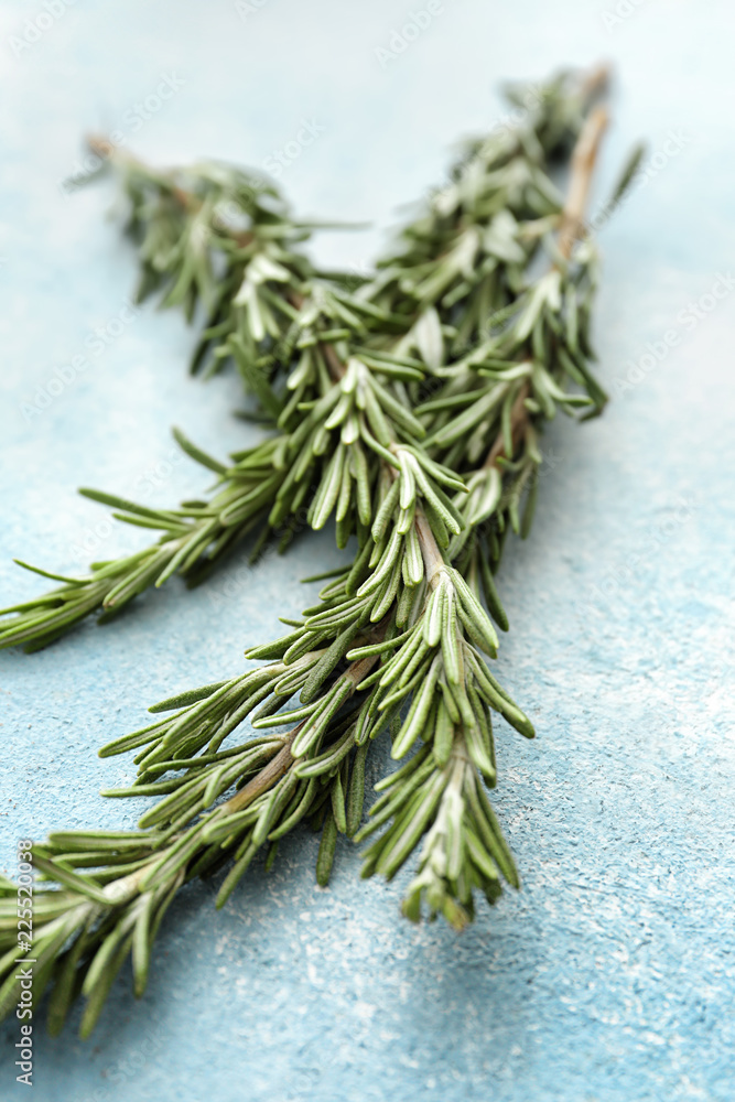 Fresh rosemary on color table, closeup