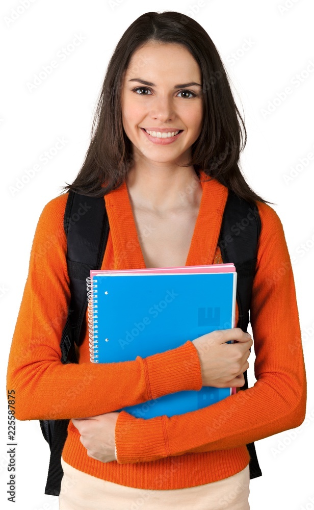 Friendly Girl with Backpack Standing and Holding Notepad -