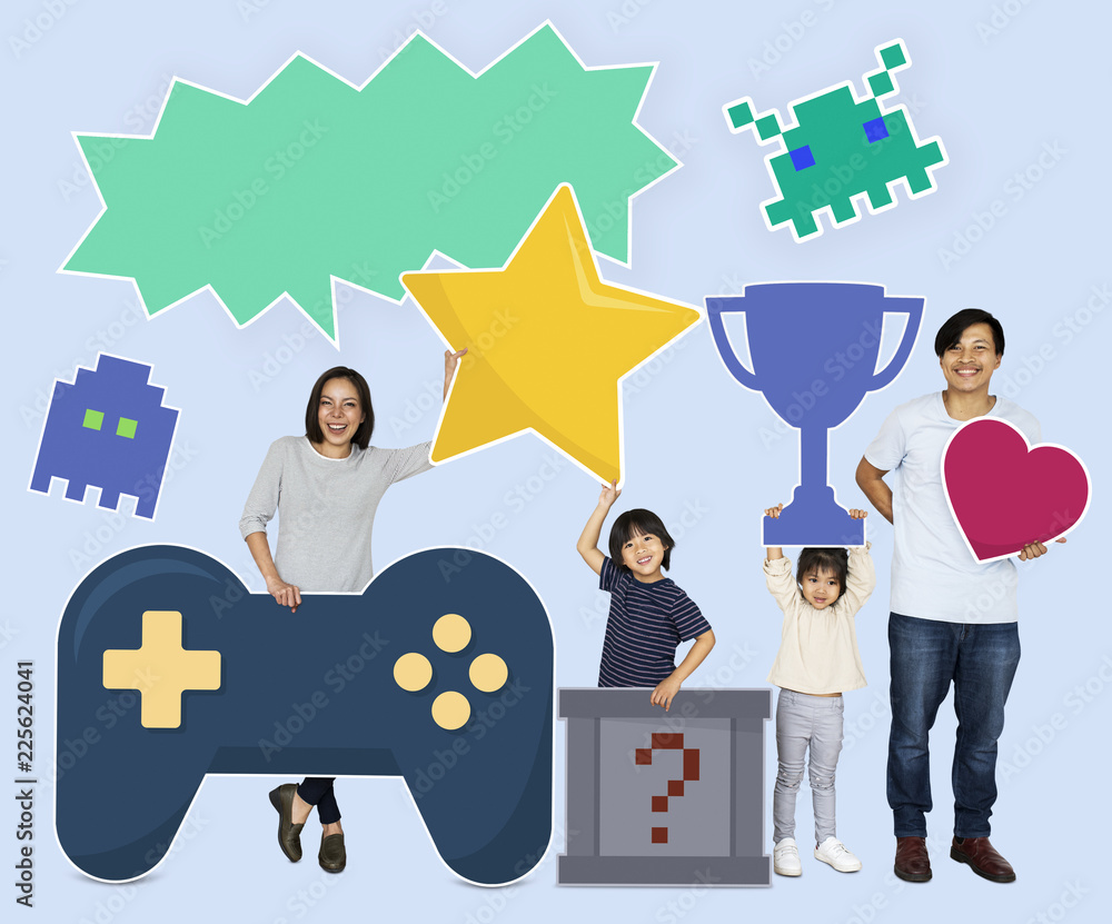 Happy family holding gaming icons