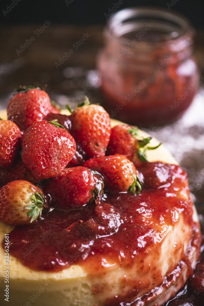 Cheesecake topped with strawberry sauce