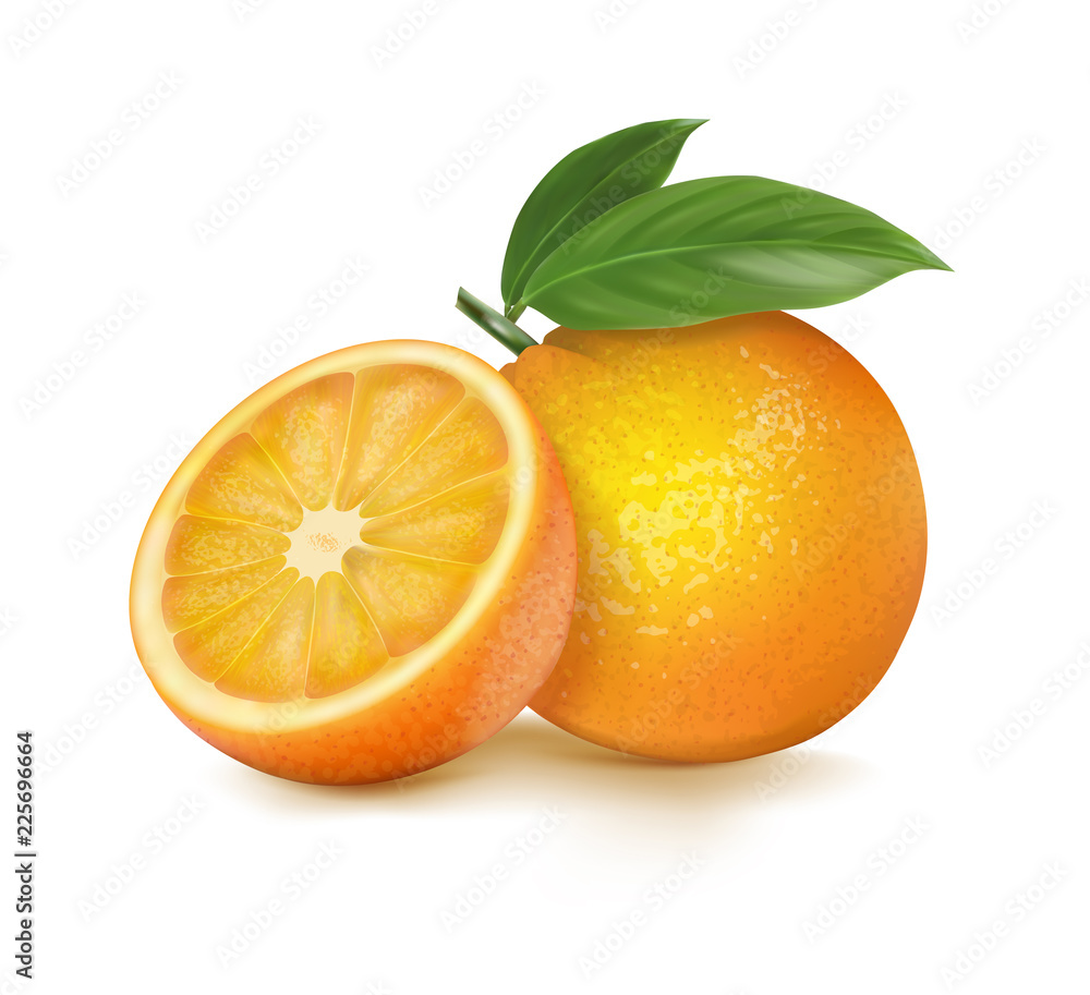 Orange whole and slices of oranges. Vector illustration.