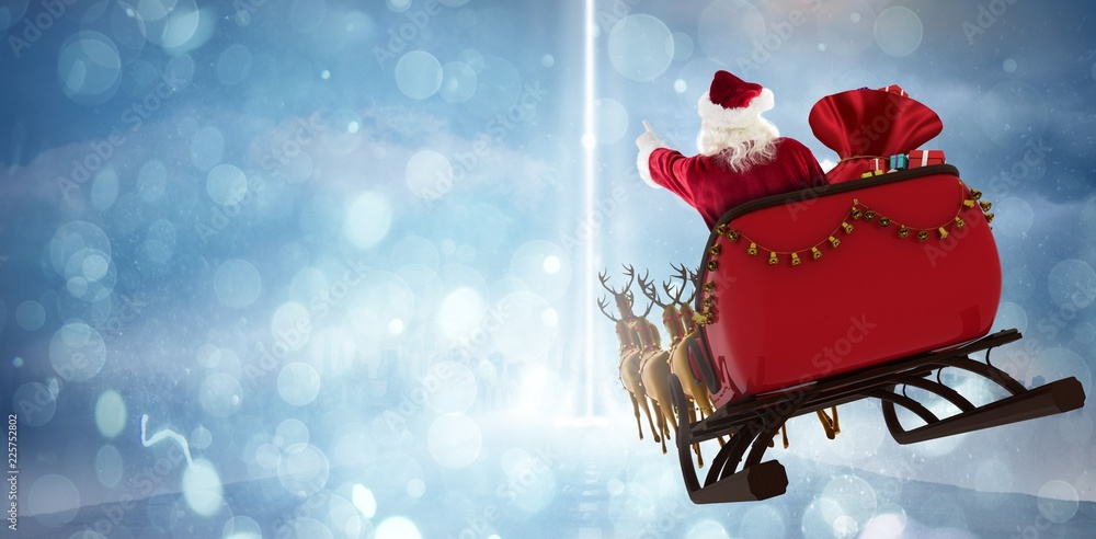 Composite image of santa claus riding on sled with gift box