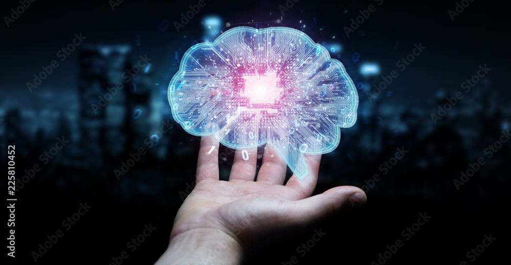 Businessman creating artificial intelligence in a digital brain 3D rendering