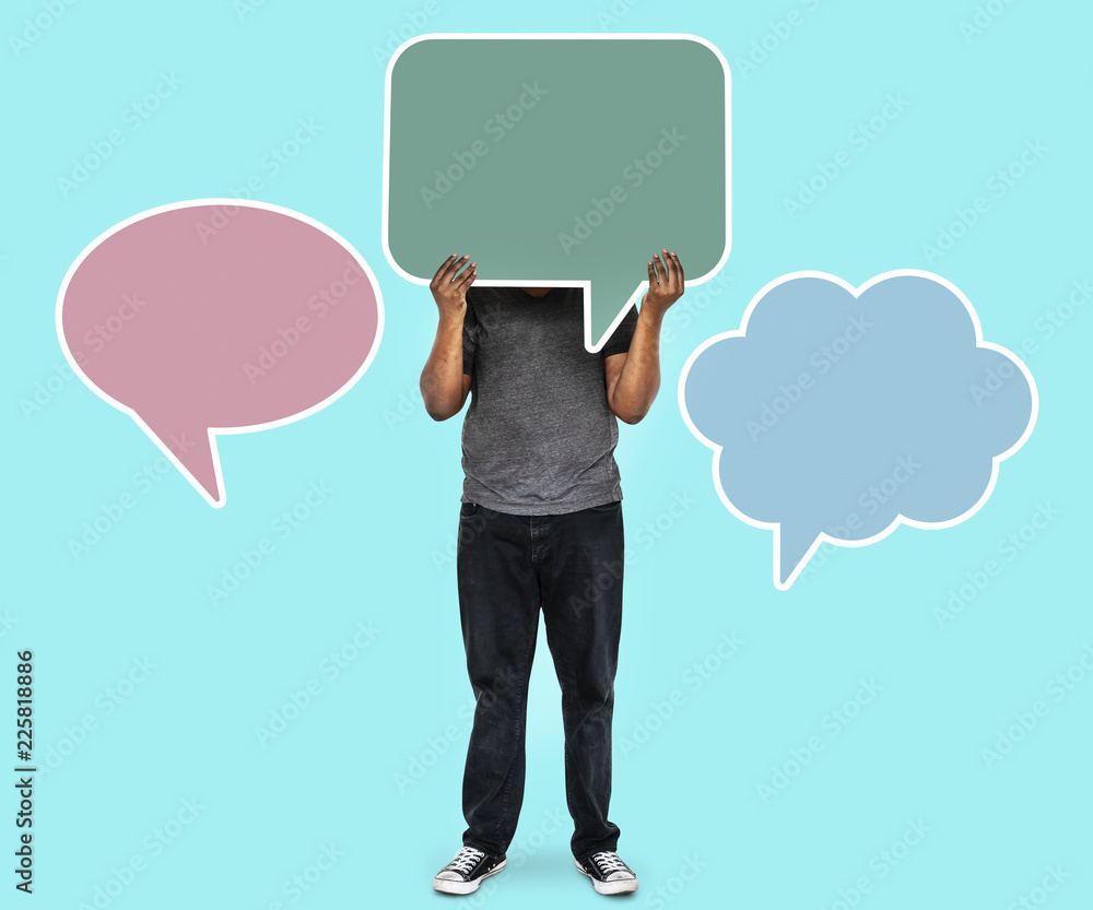 Man holding blank speech bubbles