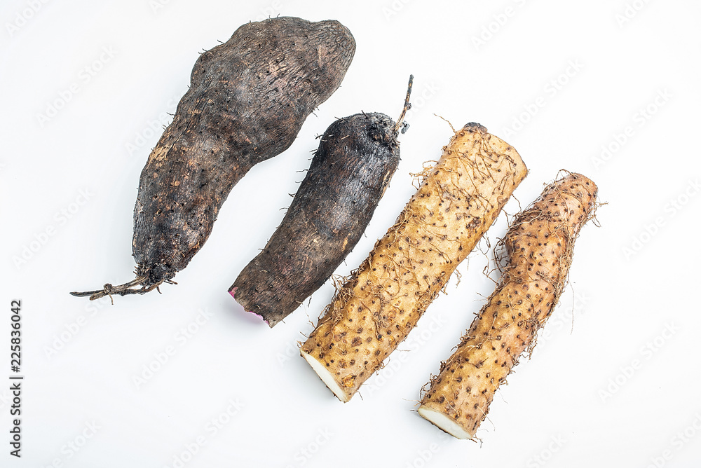 Fresh purple yam and white yam on white background