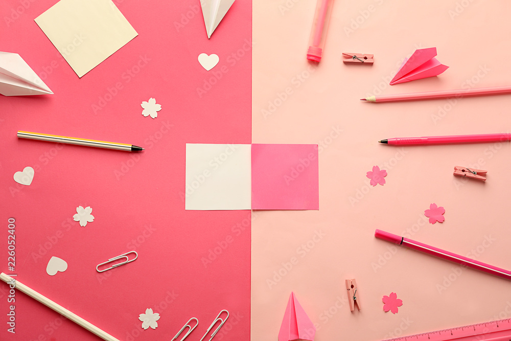 Set of school stationery on color background