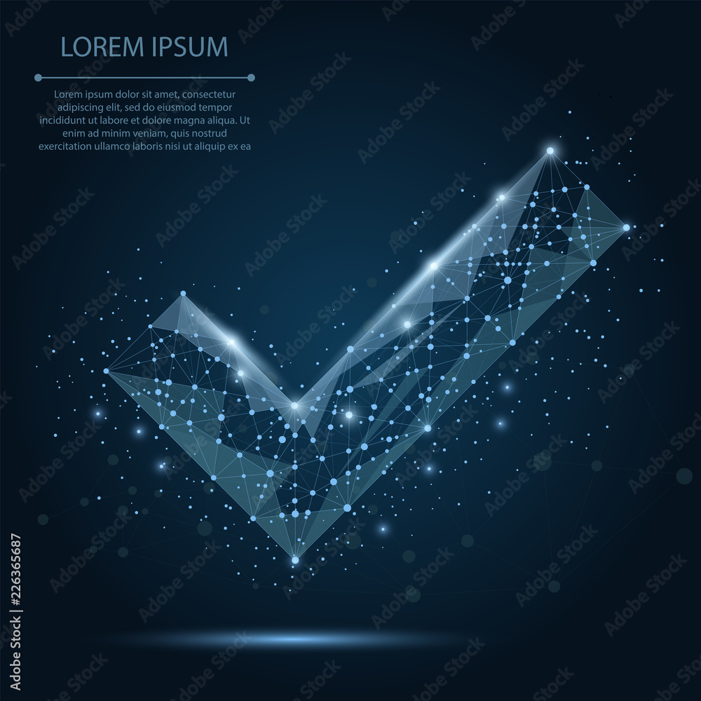 Abstract line and point blue check mark on dark blue night sky with stars. Polygonal low poly backgr