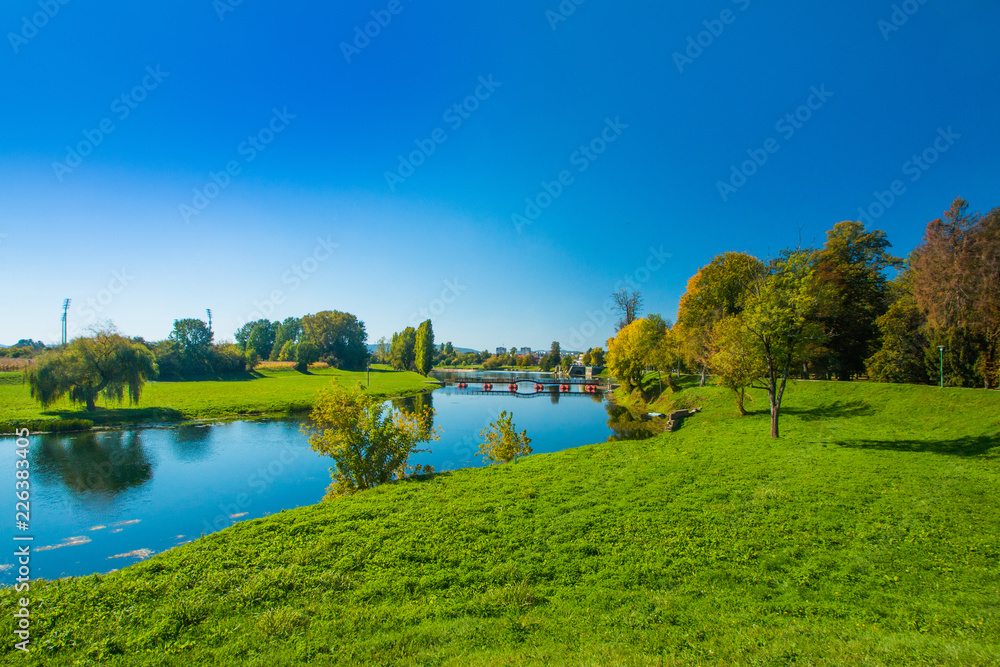 Town of Karlovac in Croatia, Korana river and city skyline 