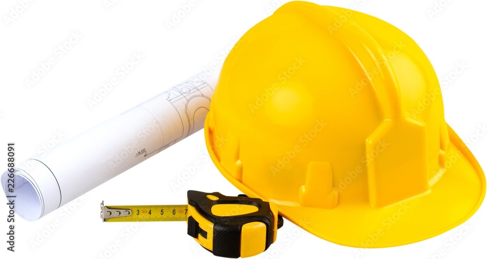 Measure, Construction Plan And Safety Helmet - Isolated