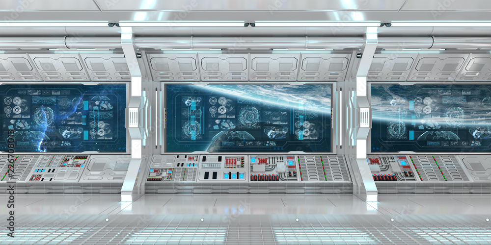 白色飞船内部，带控制面板数字屏幕3D渲染