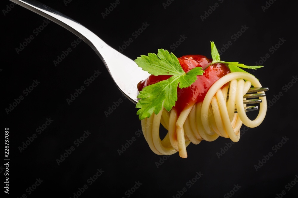 Spaghetti on a Fork with Tomato Sauce and Parsley