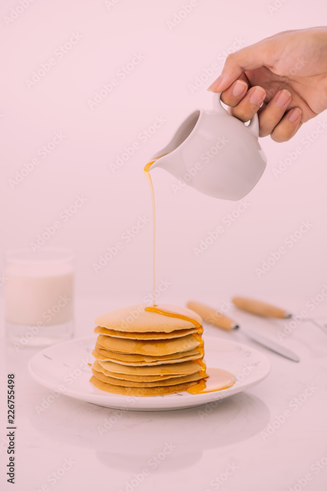 Sweet Homemade Stack of Pancakes with Butter and Syrup for Breakfast