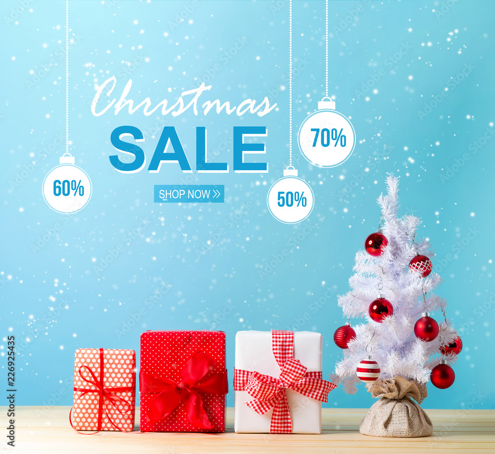 Christmas sale message with a white Christmas tree and gift boxes