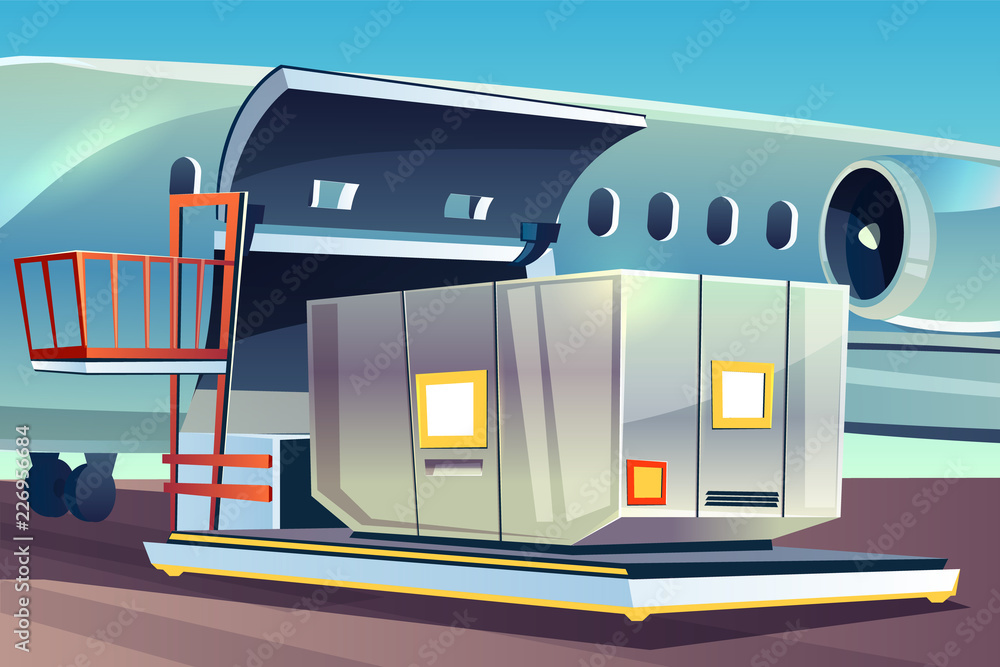 Airplane freight loading vector illustration of air cargo logistics. Aviation container or parcel bo