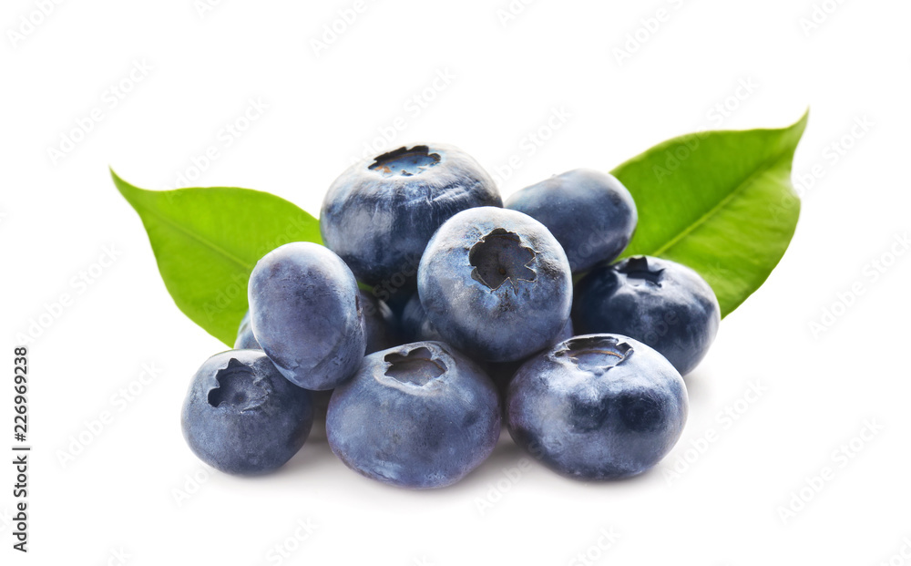 Ripe blueberries on white background