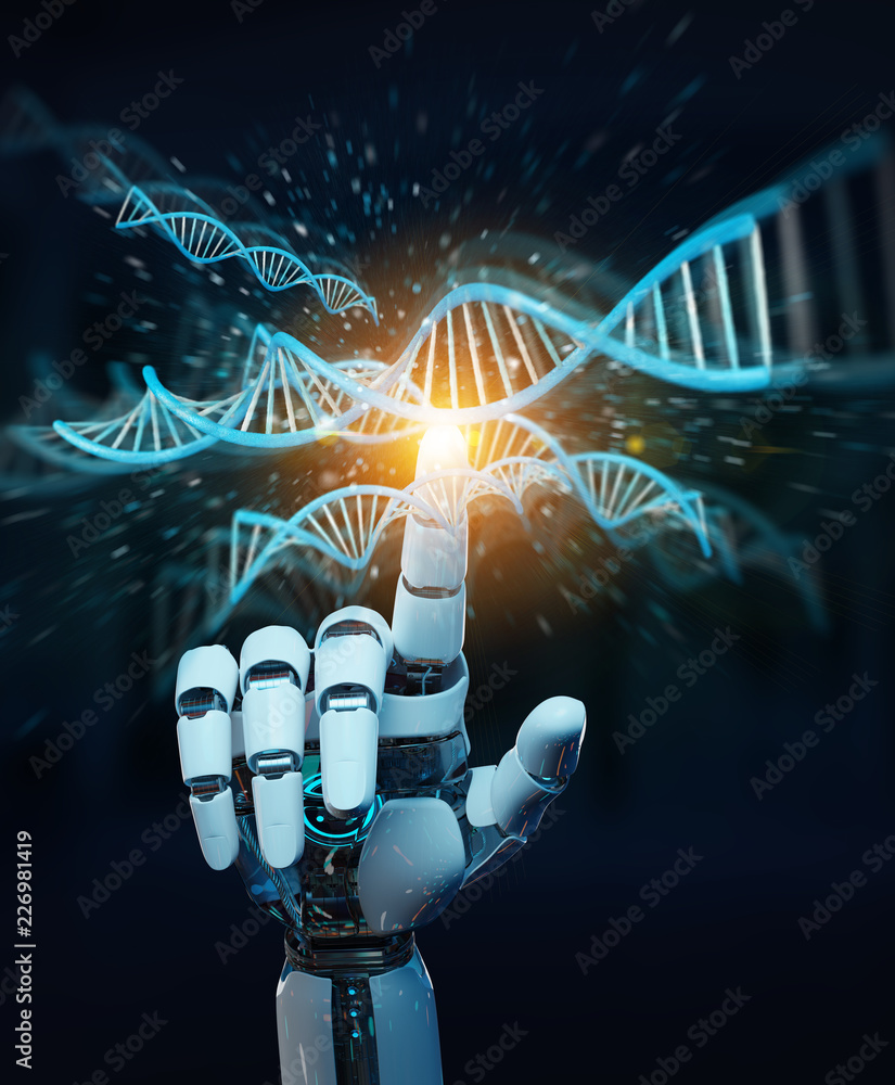 White cyborg hand scanning human DNA 3D rendering