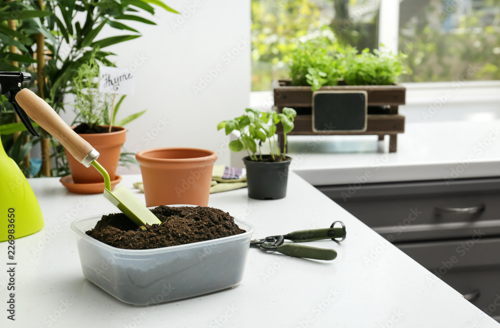 Plastic container with soil and gardening equipment on white table