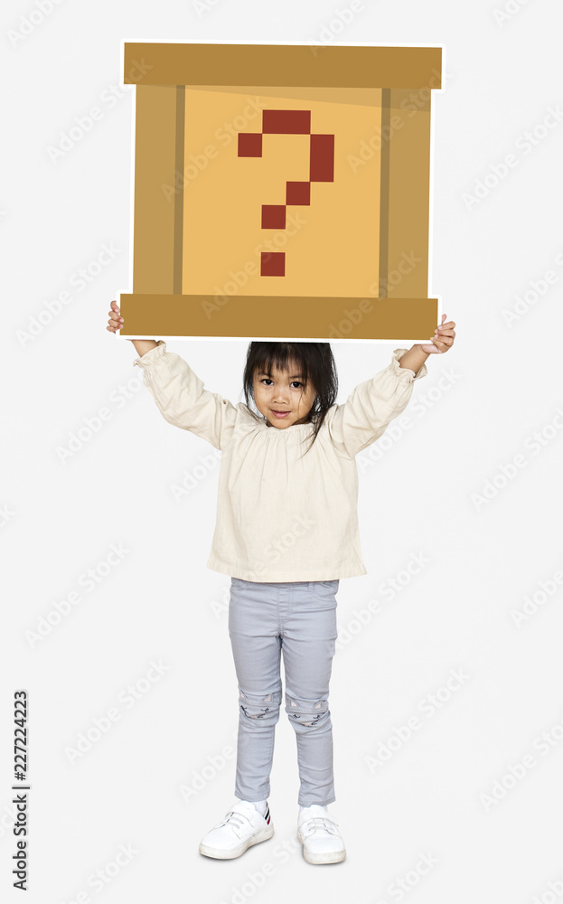 Little girl holding a question box