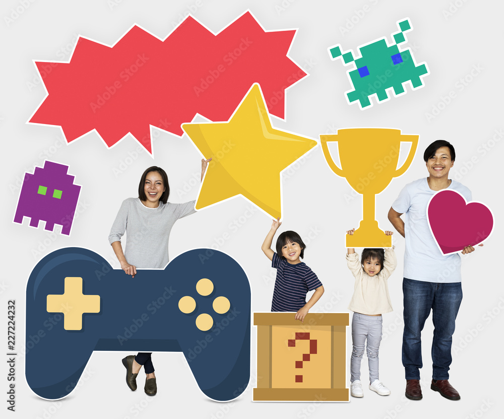 Family winning a video game challenge