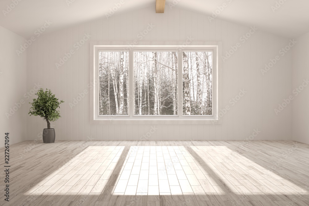 White empty room with winter landscape in window. Scandinavian interior design. 3D illustration