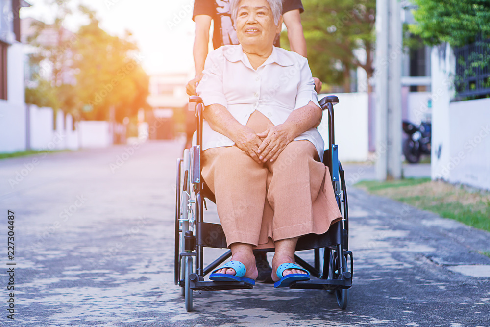 Disabled senior women and assistant in the park