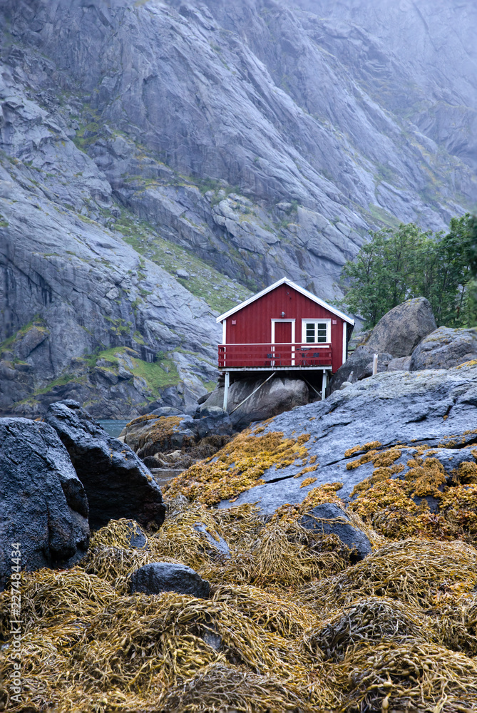 Traditional red fishermen houses on the coast of Nusfjord on a cloudy and sombre day. Lofoten, Norwa