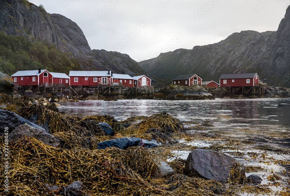 Traditional red fishermen houses on the coast of Nusfjord on a cloudy and sombre day. Lofoten, Norwa