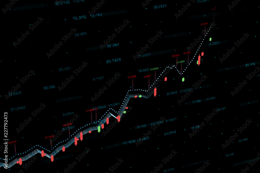 3d渲染，黑色背景的股票图表