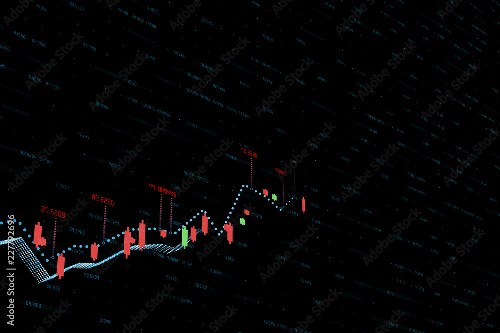三维渲染，黑色背景的股票图表