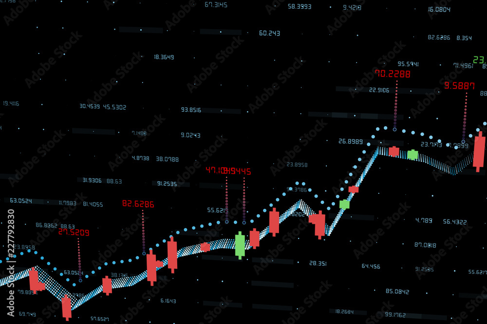 3d渲染，黑色背景的股票图表