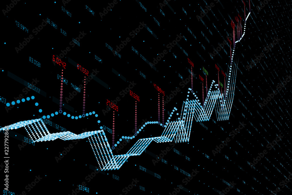三维渲染，黑色背景的股票图表
