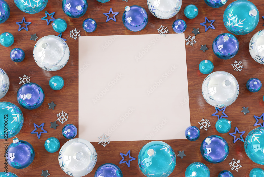 Christmas card mockup with blue baubles 3D rendering