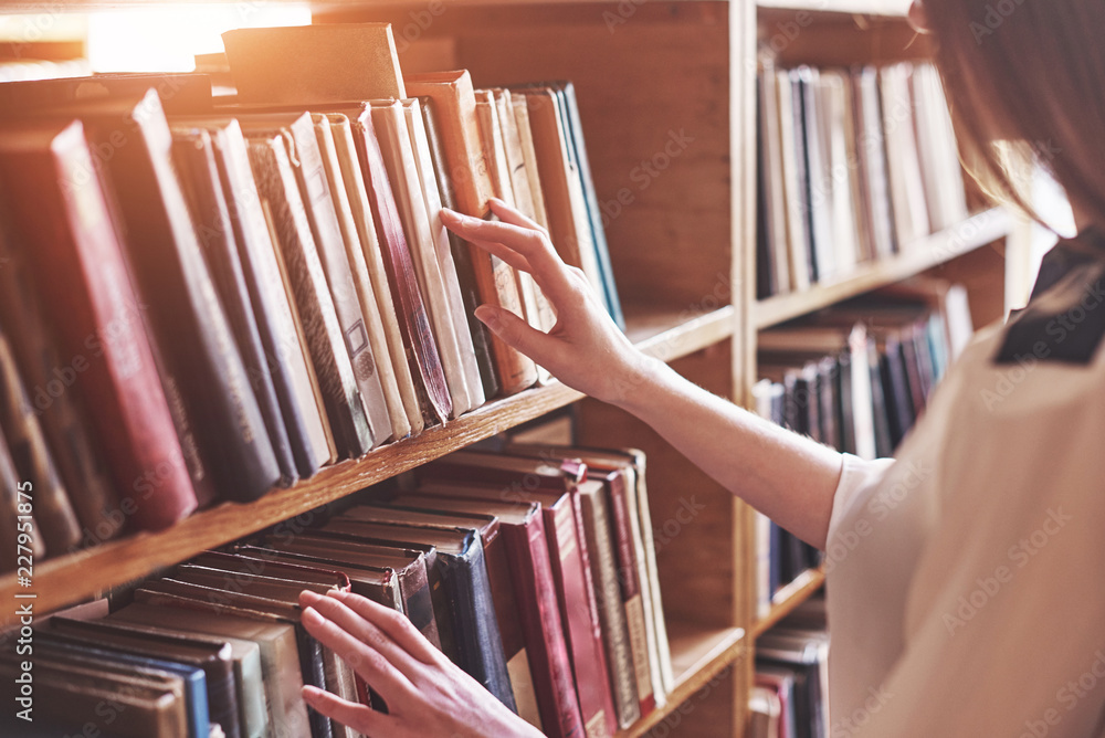 Young attractive student librarian reading a book between library bookshelves