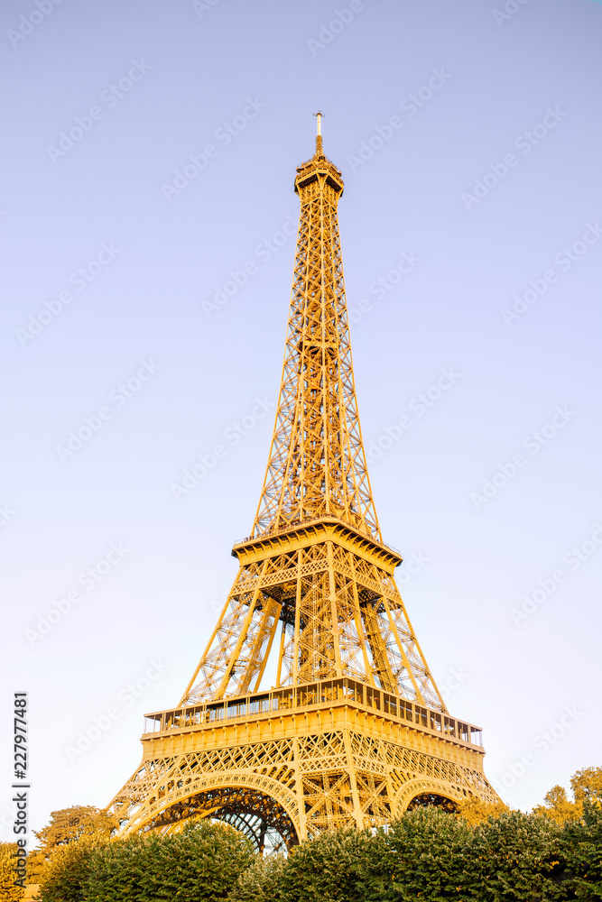 Close-up view on Eiffel tower during the sunset in Paris