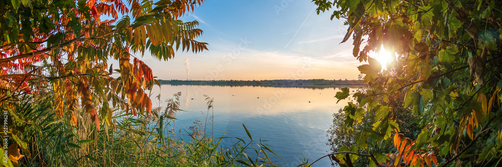 Goldenes Herbstpanorama, Bunte Blätter vor dem Markkleeberger See bei Leipzig