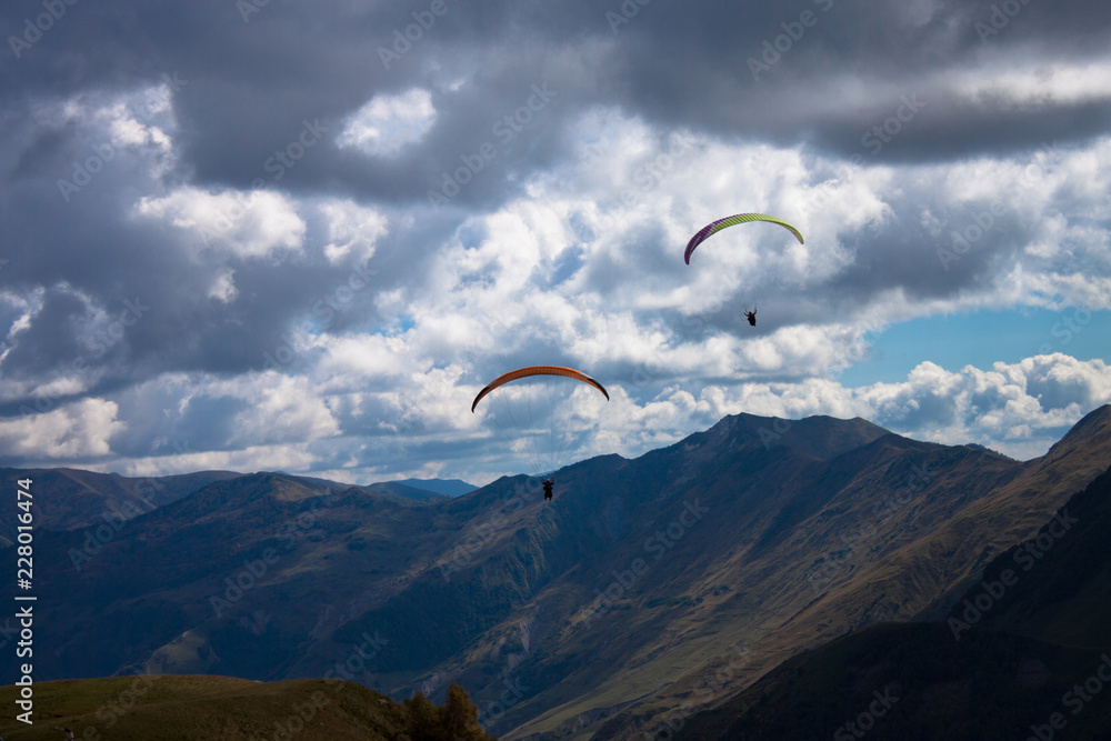 Aerial view. paragliding in mountains of Kazbegi.