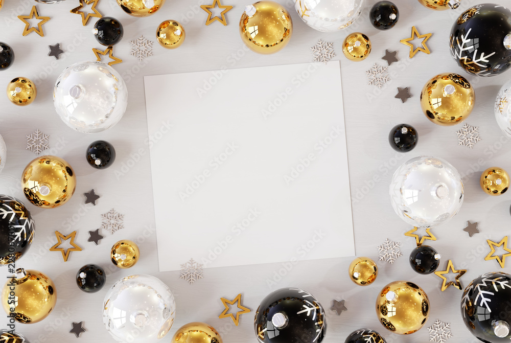 Christmas card mockup with golden baubles 3D rendering