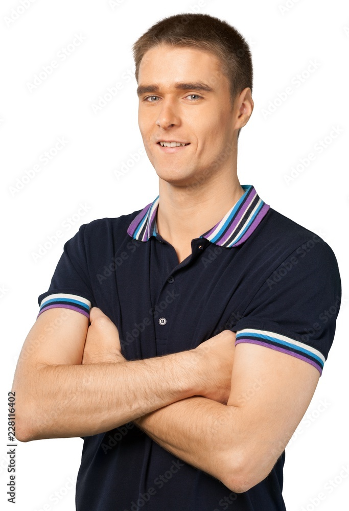 Portrait of young man in black shirt isolated on white