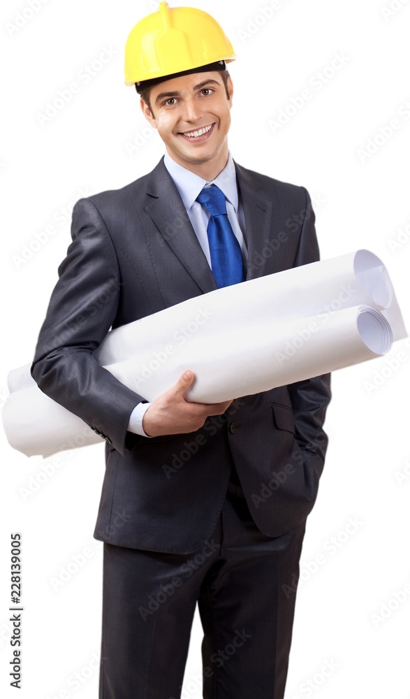 Construction Engineer with Rolled Plans and Hand in Pocket