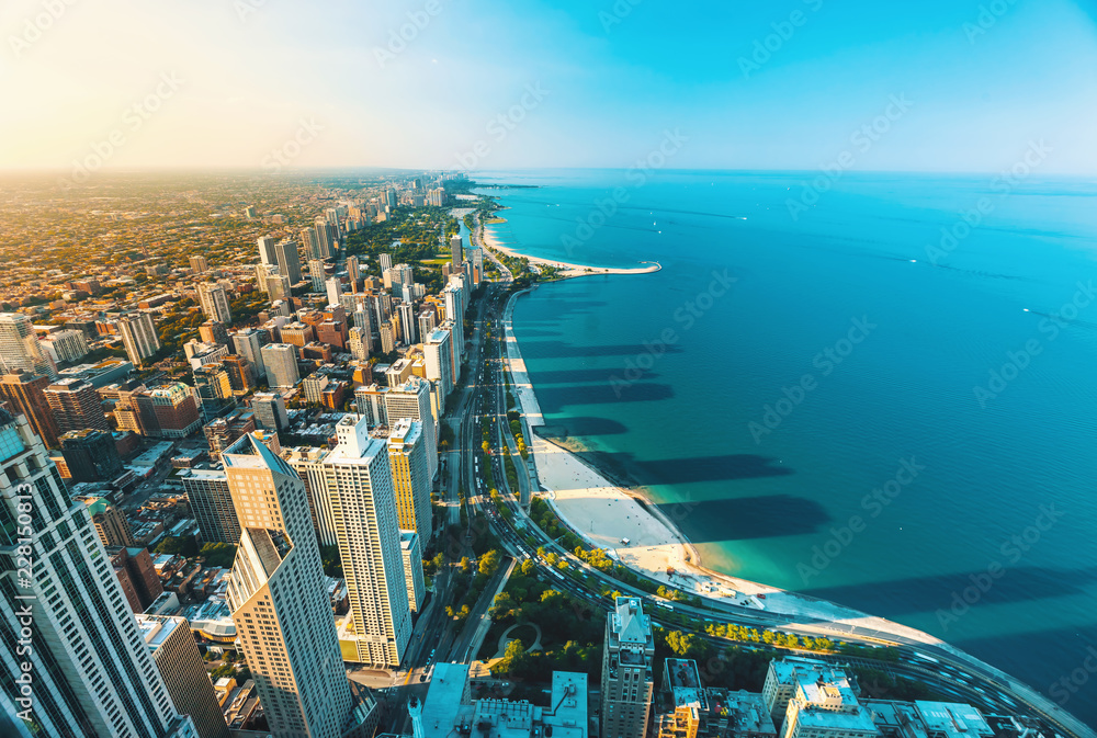 Chicago cityscape with a view of Lake Michigan from above